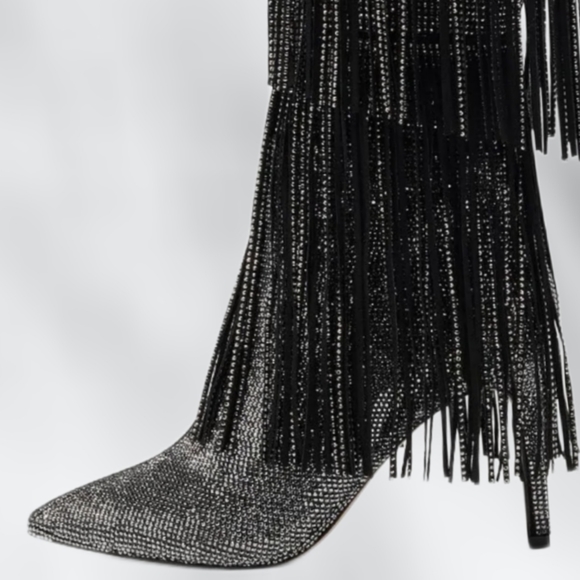 NWT Fringe Rhinestone Beaded Heeled Knee-High Boots Pointed Toe Metallic Boot - Picture 5 of 16